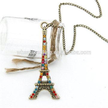 most popular factory price rhinestone Eiffel Tower fancy long sweater chain pendant necklace